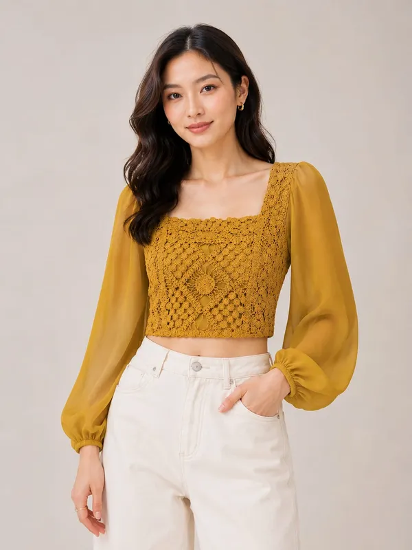 Mustard_Chiffon_Crochet_Balloon_Sleeve_Crop_Top_For_Women