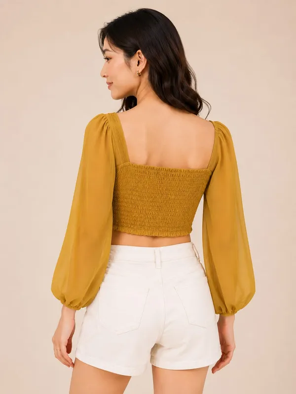 Mustard_Chiffon_Crochet_Balloon_Sleeve_Crop_Top_For_Women