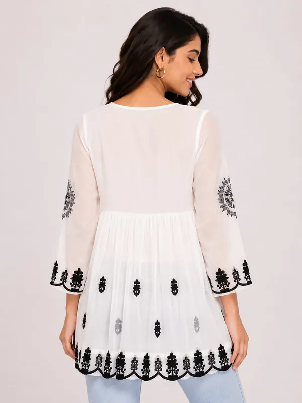 White_Chiffon_Relaxed_Embroidered_Tunic_Top_For_Women