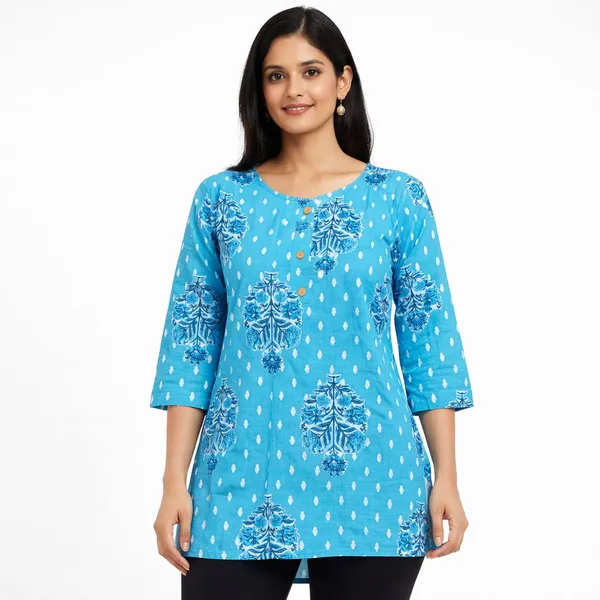 Sky_Blue_Cotton_Paisley_Block_Print_Short_Kurti_For_Women