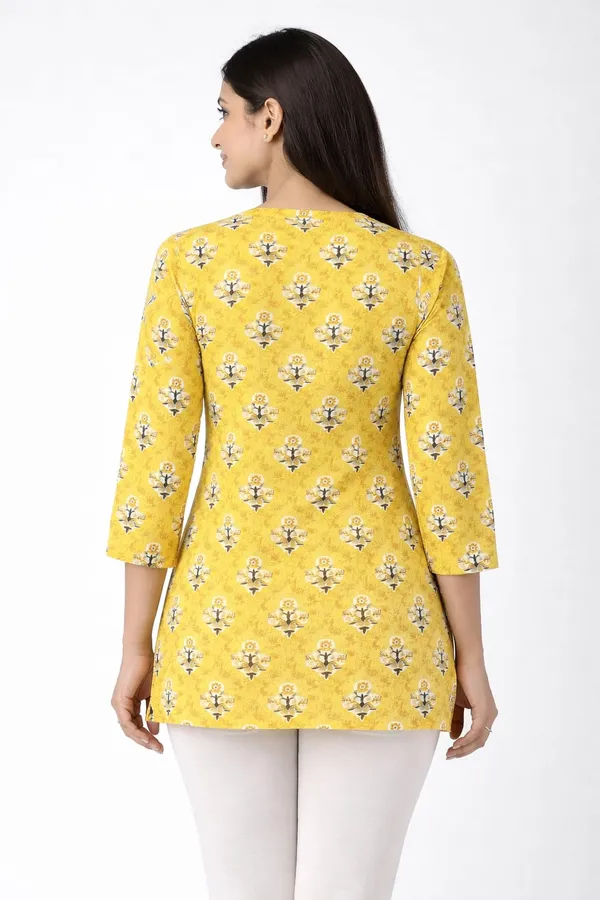 Yellow_Cotton_Block_Print_Short_Kurta_For_Women