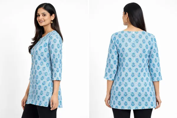 Blue_Cotton_Floral_Block_Print_Short_Kurta_For_Women