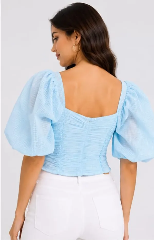 Blue_Chiffon_Ruched_Sweetheart_Puff_Sleeve_Crop_Top_For_Women