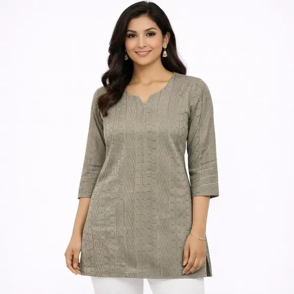 Mehndi_Cotton_Textured_V-Neck_Short_Kurti_For_Women