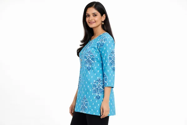 Sky_Blue_Cotton_Paisley_Block_Print_Short_Kurti_For_Women
