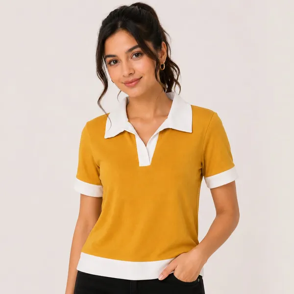 Yellow_Cotton_Blend_Polo_T-Shirt_For_Women