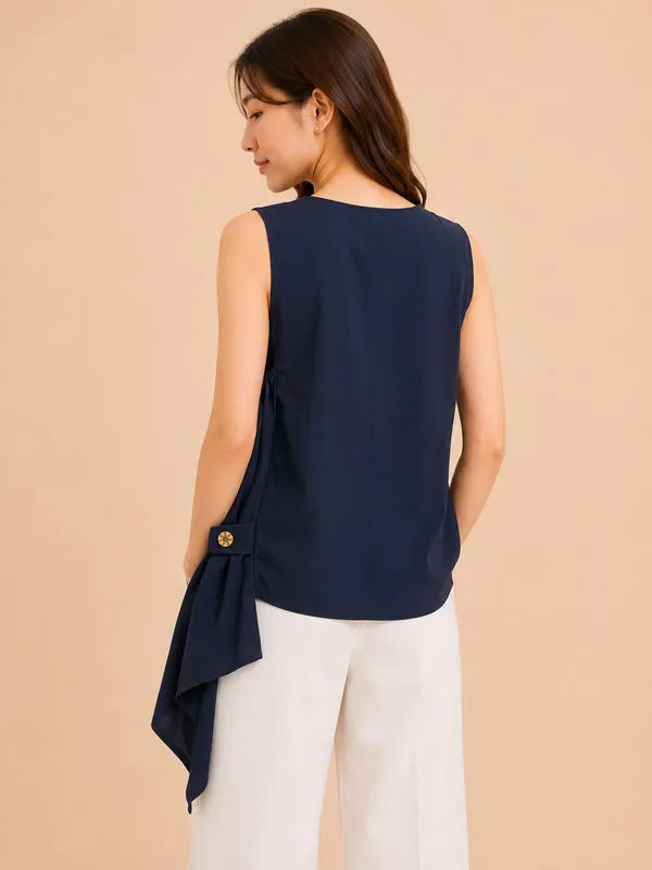 Navy_Blue_Rayon_Embroidered_Sleeveless_Side_Tie_Top_For_Women