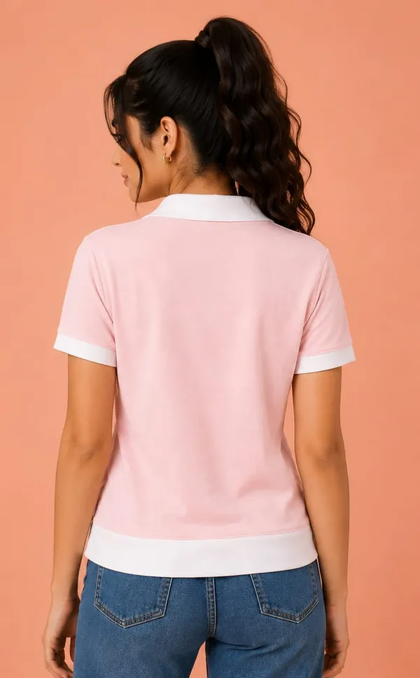 Pink_Cotton-Poly_Contrast_Trim_Polo_Top_For_Women