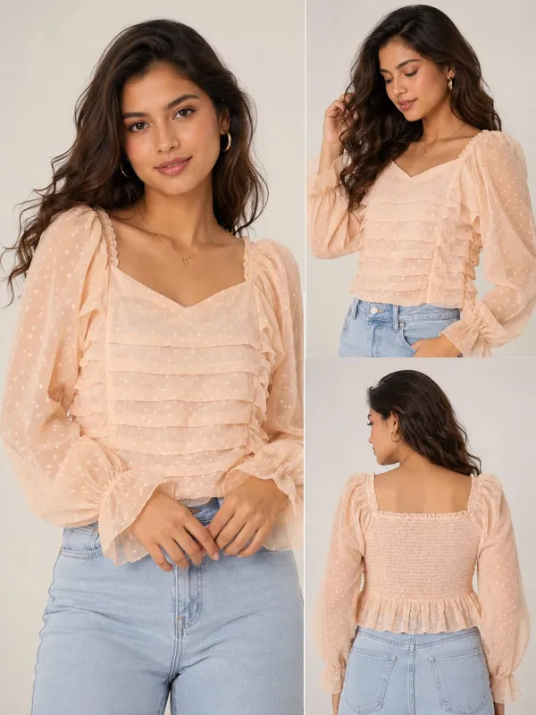 Peach_Chiffon_Puff_Sleeve_Smocked_Sweetheart_Top_For_Women