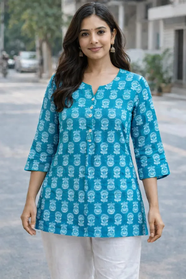 Blue_Cotton_Block_Print_Short_Kurta_For_Women