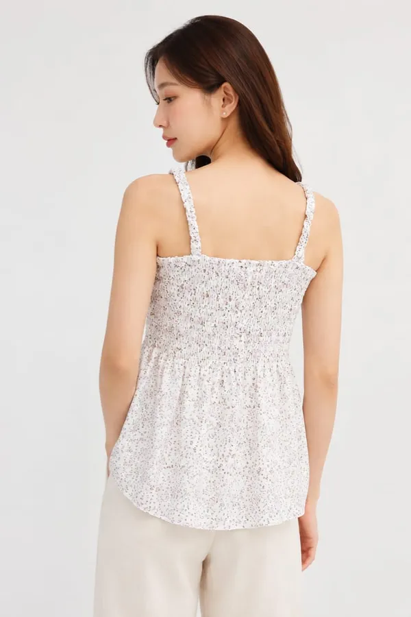 White_Chiffon_Floral_Print_Smocked_Cami_Top_For_Women