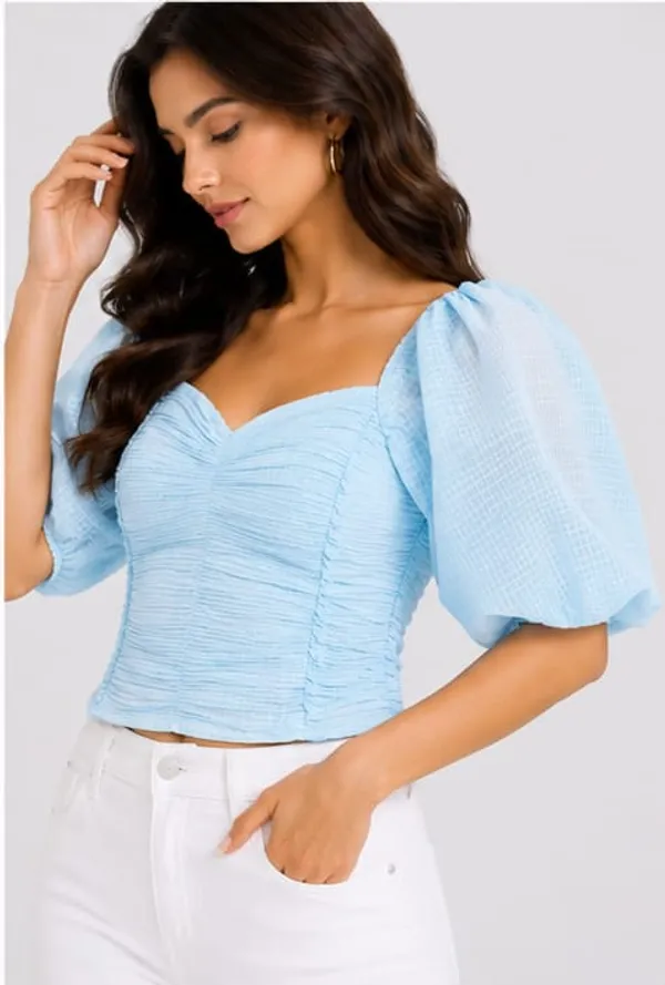 Blue_Chiffon_Ruched_Sweetheart_Puff_Sleeve_Crop_Top_For_Women