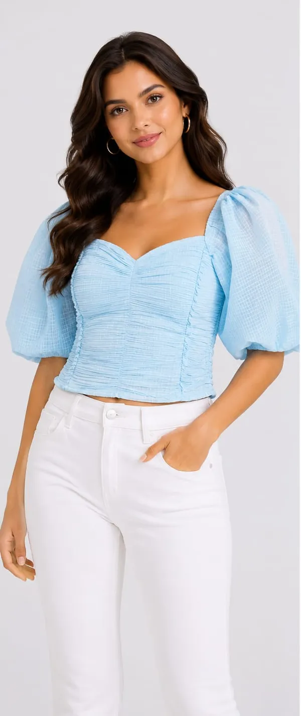 Blue_Chiffon_Ruched_Sweetheart_Puff_Sleeve_Crop_Top_For_Women