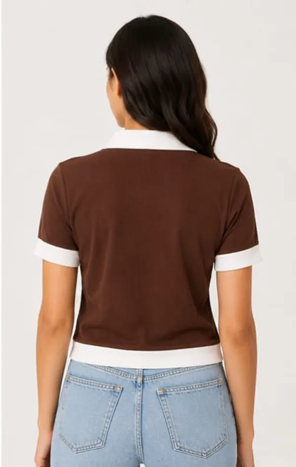 Brown_Cotton_Ribbed_Polo_Collar_Crop_T-Shirt_For_Women