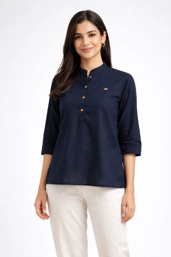 Navy_Blue_Cotton_Mandarin_Collar_Top_For_Women