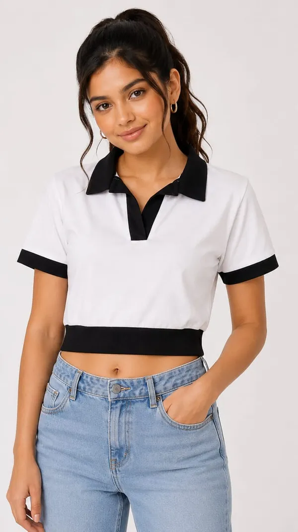 White_Cotton_Blend_Color_Block_Polo_Crop_Top_For_Women