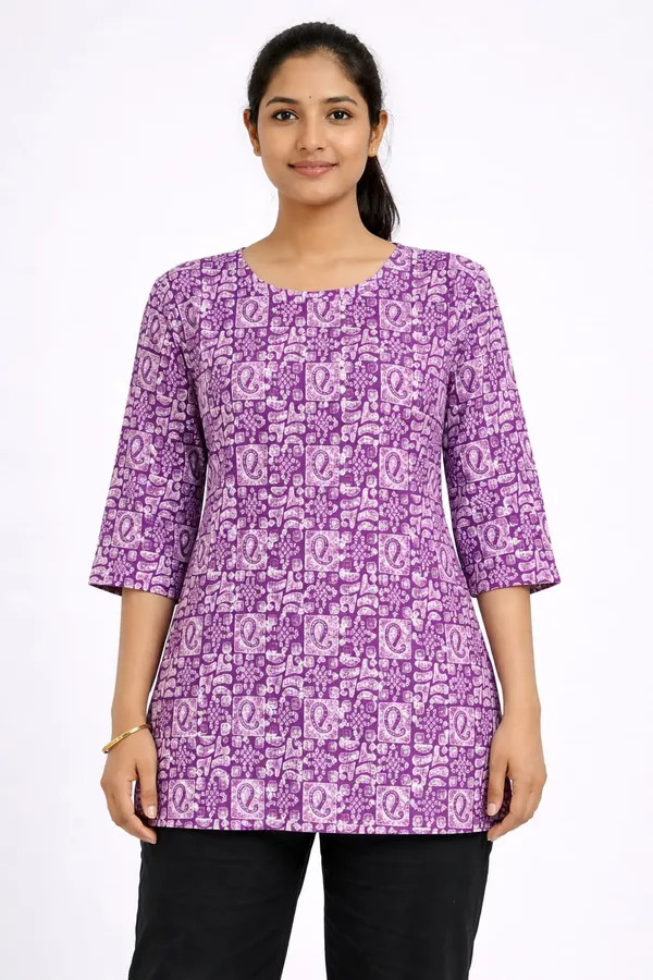 Purple_Cotton_Printed_A-Line_Short_Kurti_For_Women