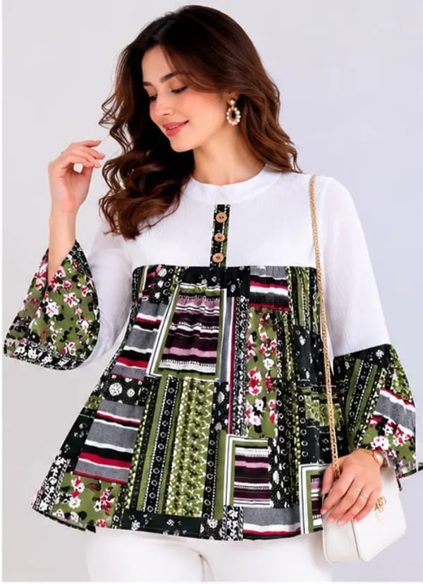 Green_Crepe_Flared_Bell_Sleeve_Printed_Top_For_Women