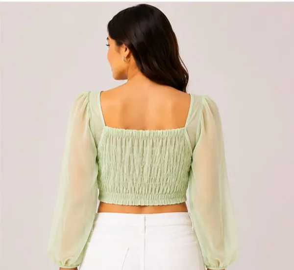 Green_Chiffon_Knitted_Sheer_Sleeve_Crop_Top_For_Women