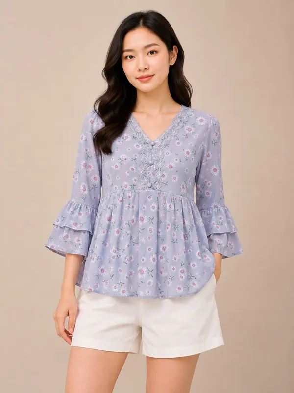 Grey_Chiffon_Floral_Print_Bell_Sleeve_Top_For_Women