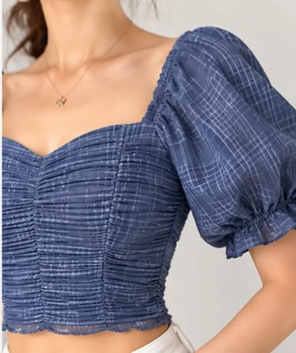 Grey_Chiffon_Checkered_Ruched_Puff_Sleeve_Crop_Top_For_Women
