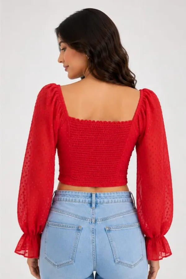 Red_Chiffon_Ruched_Sweetheart_Long_Sleeve_Crop_Top_For_Women