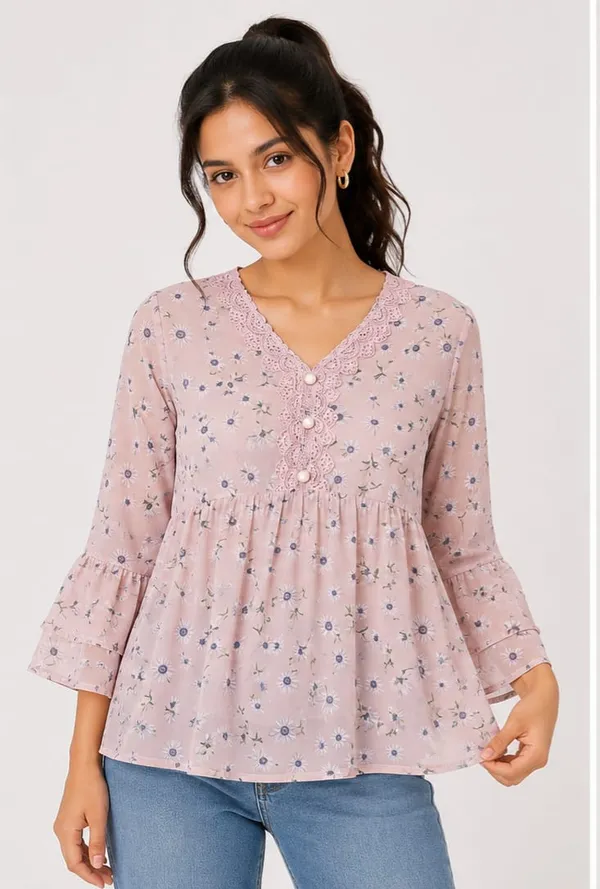 Dusty_Pink_Chiffon_Floral_Print_Flared_Top_For_Women