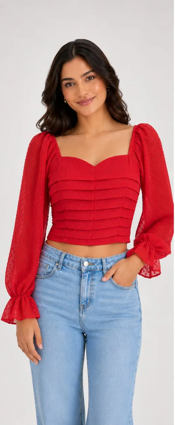 Red_Chiffon_Ruched_Sweetheart_Long_Sleeve_Crop_Top_For_Women