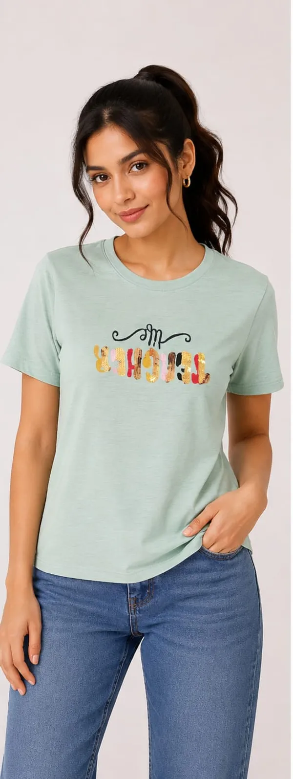 Light_Green_Cotton_Graphic_Print_Casual_T-Shirt_For_Women