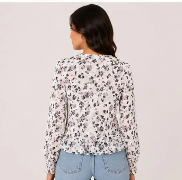 White_Chiffon_Floral_Print_V-Neck_Ruffle_Sleeve_Blouse_For_Women
