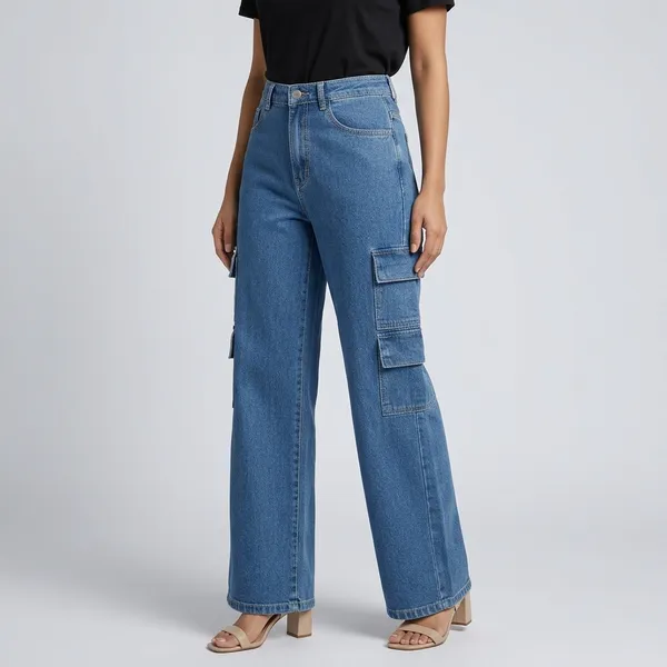 Dark_Blue_Denim_High_Rise_Wide_Leg_Cargo_Jeans_For_Women