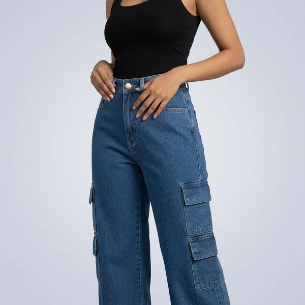 Dark_Blue_Denim_High_Rise_Wide_Leg_Cargo_Jeans_For_Women