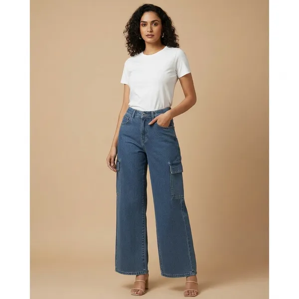 Dark_Blue_Denim_Wide_Leg_Cargo_Jeans_For_Women