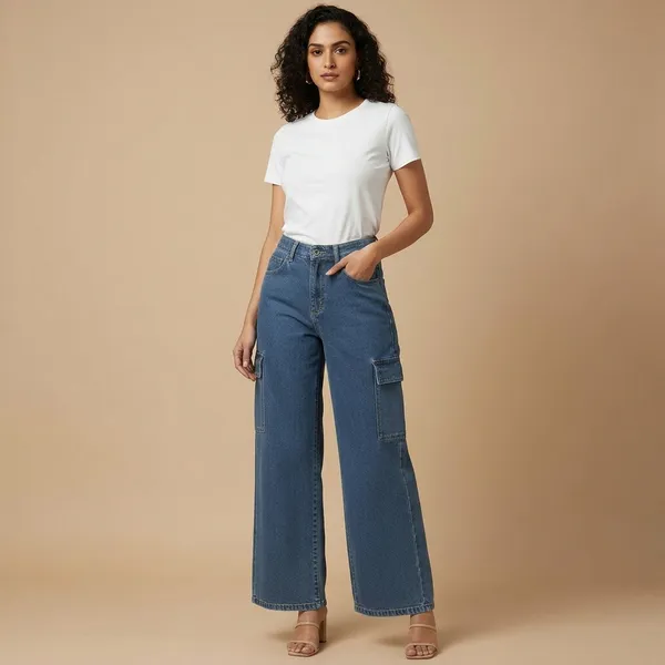 Dark_Blue_Denim_Wide_Leg_Cargo_Jeans_For_Women