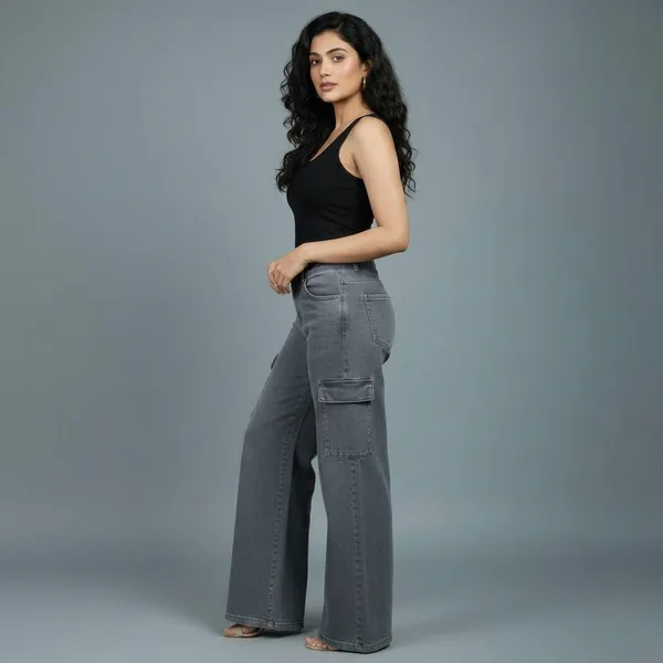 Grey_Denim_High_Rise_Wide_Leg_Cargo_Jeans_For_Women