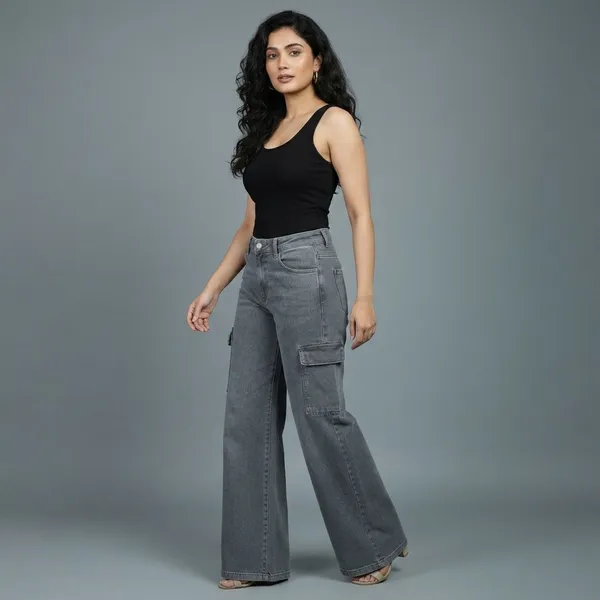 Grey_Denim_High_Rise_Wide_Leg_Cargo_Jeans_For_Women