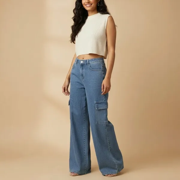 Blue_Denim_High_Rise_Wide_Leg_Cargo_Jeans_For_Women