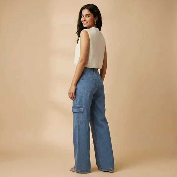 Blue_Denim_High_Rise_Wide_Leg_Cargo_Jeans_For_Women