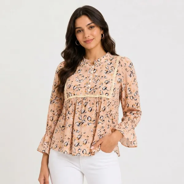 Peach_Chiffon_Floral_Print_Long_Sleeve_Peplum_Top_For_Women