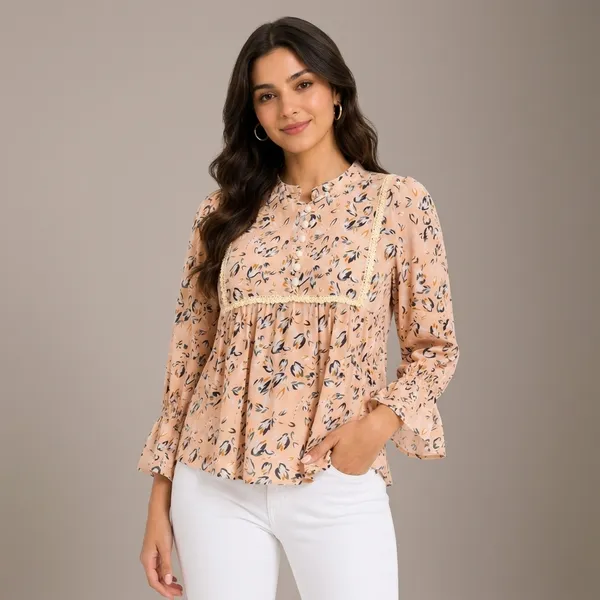 Peach_Chiffon_Floral_Print_Long_Sleeve_Peplum_Top_For_Women