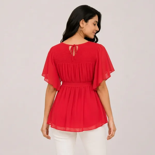 Red_Chiffon_Flutter_Sleeve_Belted_Top_For_Women
