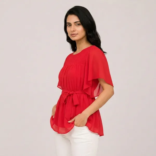Red_Chiffon_Flutter_Sleeve_Belted_Top_For_Women