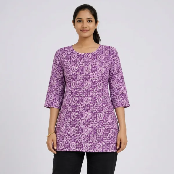 Purple_Cotton_Printed_A-Line_Short_Kurti_For_Women