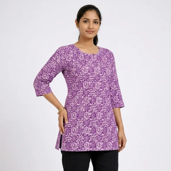 Purple_Cotton_Printed_A-Line_Short_Kurti_For_Women