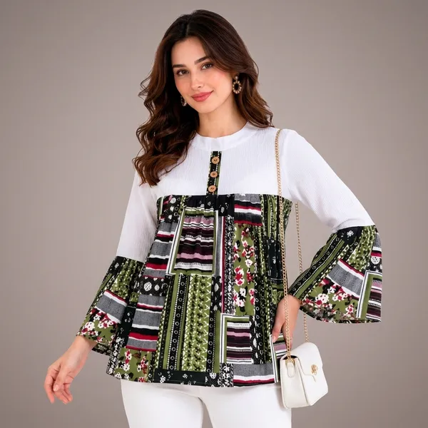Green_Crepe_Flared_Bell_Sleeve_Printed_Top_For_Women