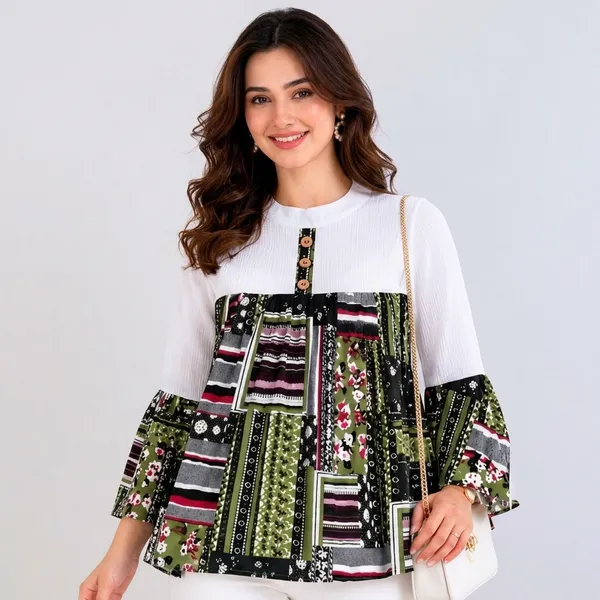 Green_Crepe_Flared_Bell_Sleeve_Printed_Top_For_Women