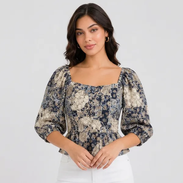 Blue_Crepe_Paisley_Print_Puff_Sleeve_Peplum_Top_For_Women