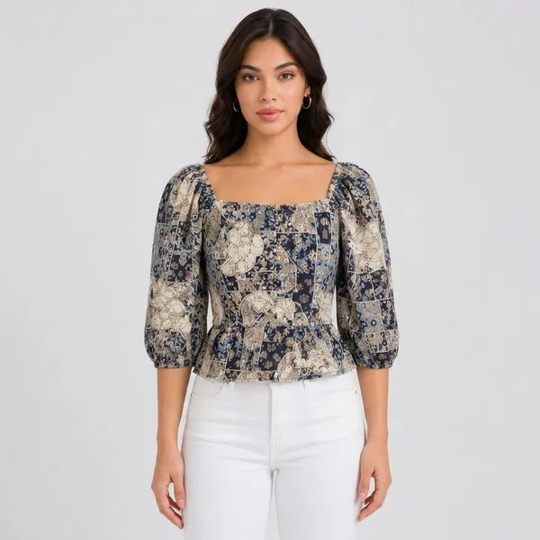 Blue_Crepe_Paisley_Print_Puff_Sleeve_Peplum_Top_For_Women