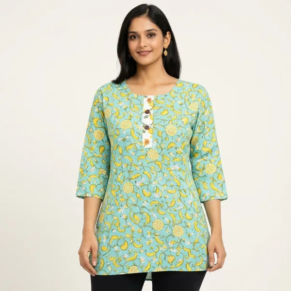Light_Green_Cotton_Floral_Print_Short_Kurta_For_Women