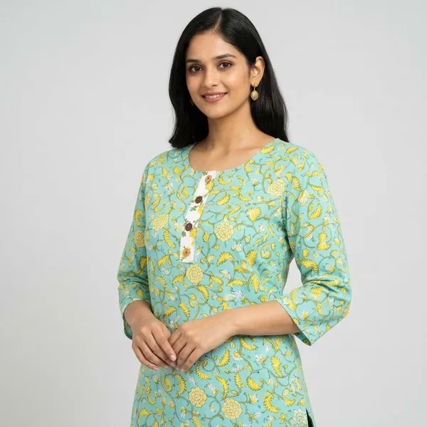 Light_Green_Cotton_Floral_Print_Short_Kurta_For_Women